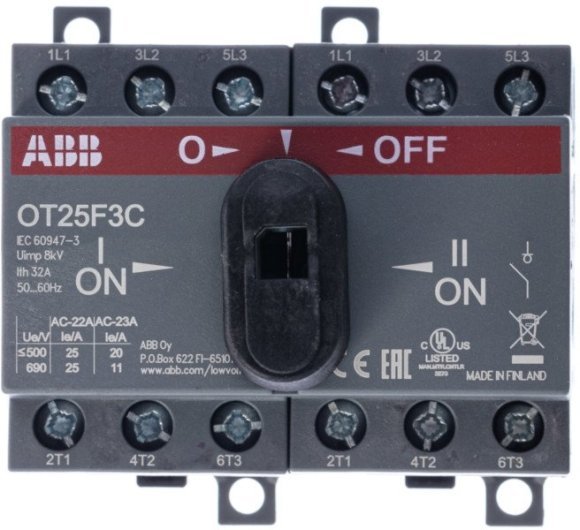 Реверсивный рубильник OT25F3С до 25А 3х-полюсный для установки на DIN-рейку или монтажную плату (с резерв. ручкой), 1SCA104863R1001 в Екатеринбурге