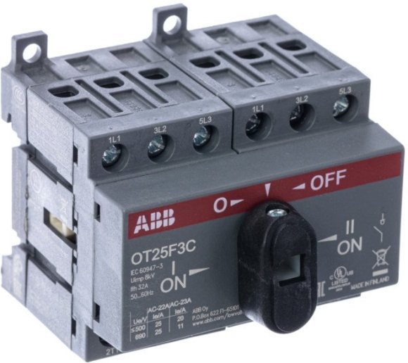 Реверсивный рубильник OT25F3С до 25А 3х-полюсный для установки на DIN-рейку или монтажную плату (с резерв. ручкой), 1SCA104863R1001 в Екатеринбурге