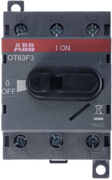 Рубильник OT63F3 до 63А 3х-полюсный для установки на DIN-рейку или монтажную плату (с резерв. ручкой), 1SCA105332R1001 в Екатеринбурге